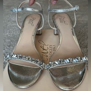 Jewel Badgley Mishka silver jeweled heels